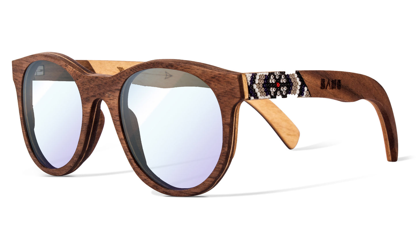 Armazon de lente de madera hikuri plata, luz azul, lentes graduados, fondo blanco