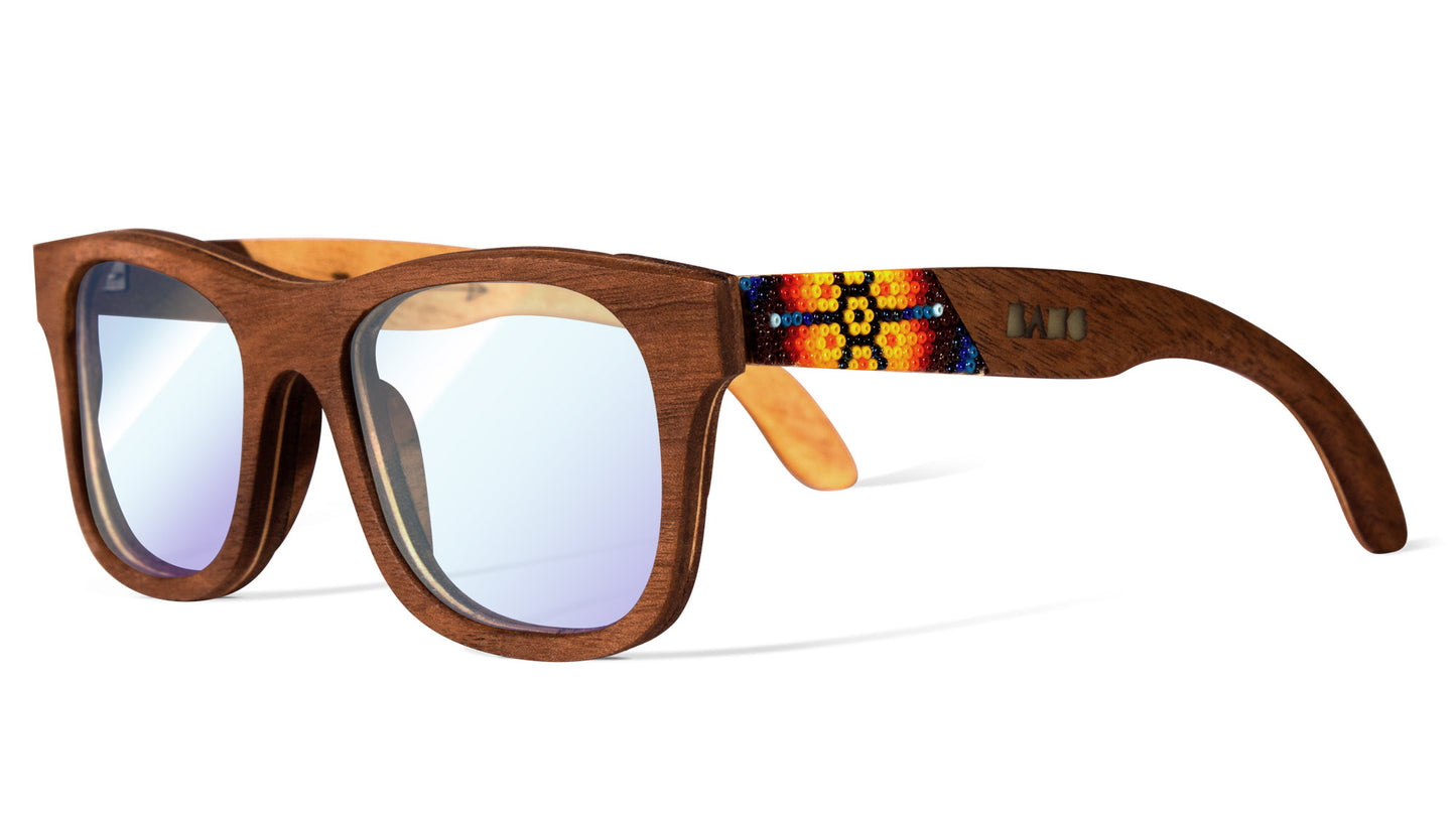 Armazon wirra, modelo hikuri sol, luz azul, lentes graduados Bang, fondo blanco