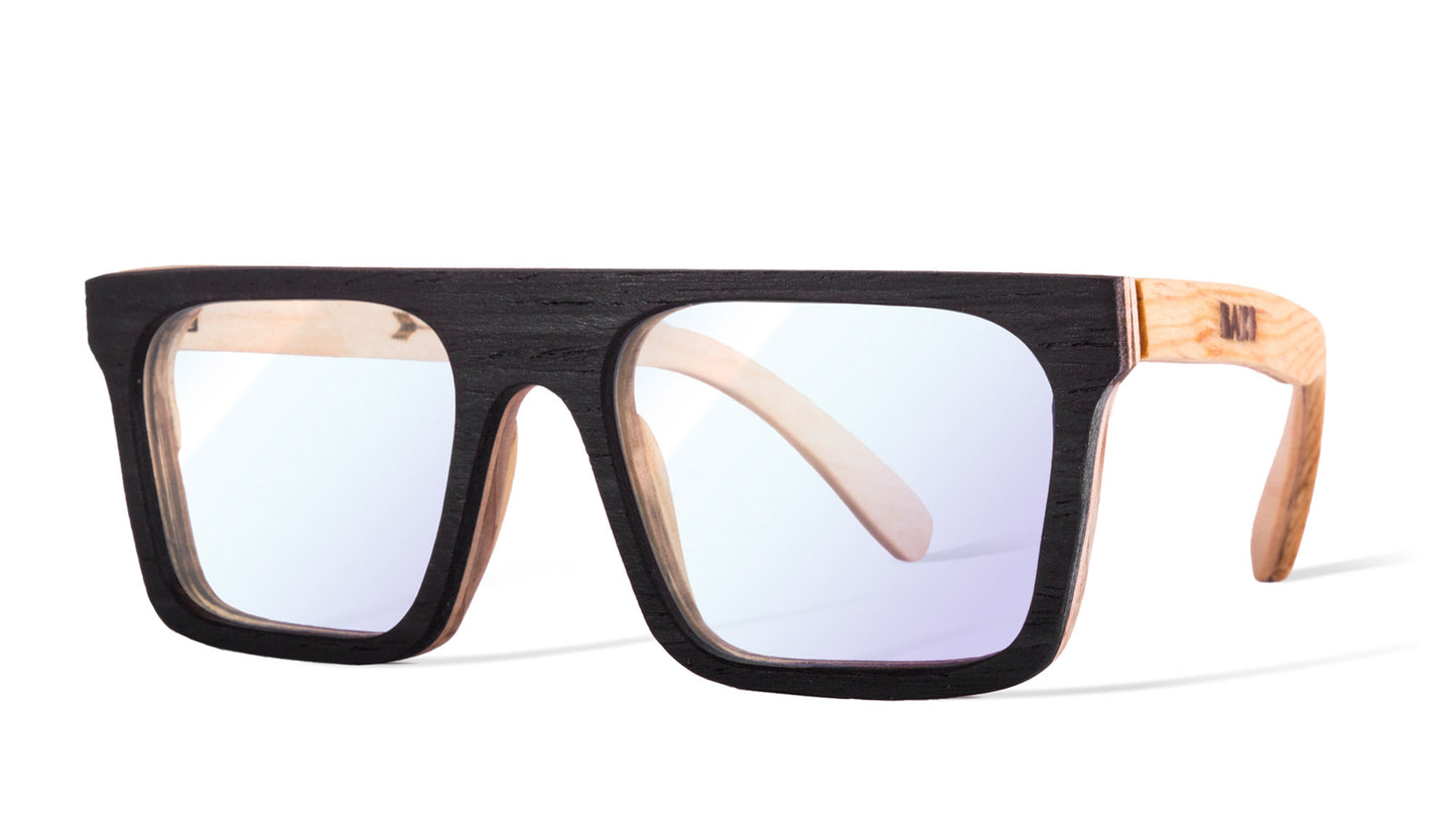 Armazón de madera cuadrado negro, marca bang, modelo jaguar, micas graduadas, micas protección luz azul, fondo blanco