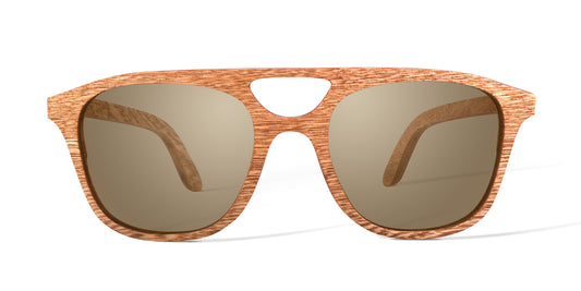 Lentes de madera Bang, modelo cobá rosa morada, mica café polarizada, fondo blanco