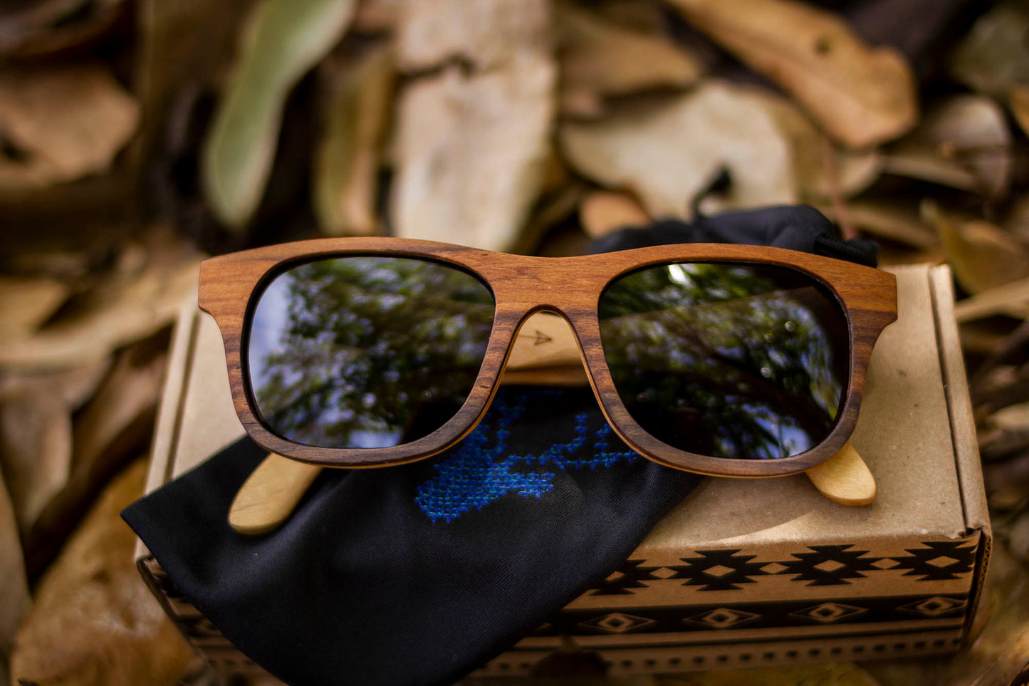 Lentes de madera palisandro, micas polarizadas, fondo de hojas secas con bokeh, marca bang