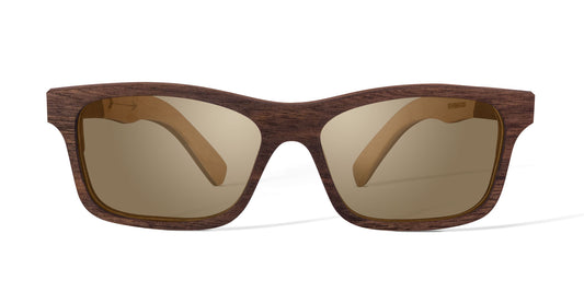 Lentes de madera ónix, marca bang, micas polarizadas color café, fondo blanco