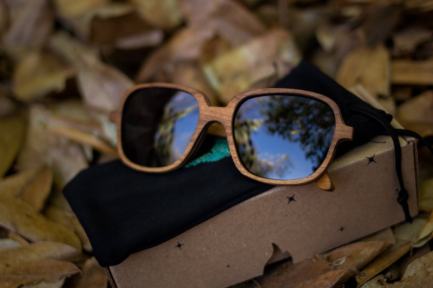 Lentes de madera Bang, modelo tulum, micas polarizadas, fondo de hojas secas