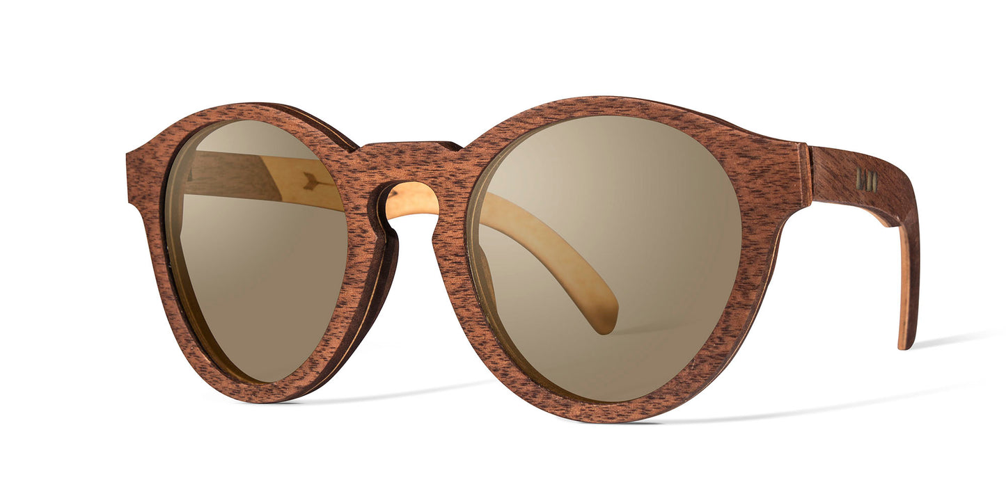 Lentes polarizados de madera, modelo frida, marca bang, vista lateral fondo blanco, mica café