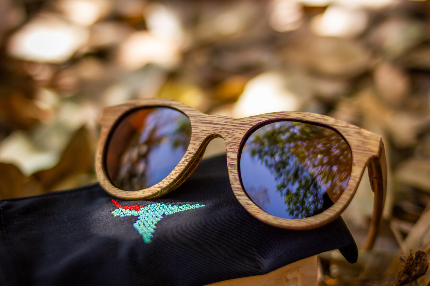 Lentes polarizados de madera, marca bang, con micas cafés, lentes sobre morral con fondo de naturaleza con bokeh