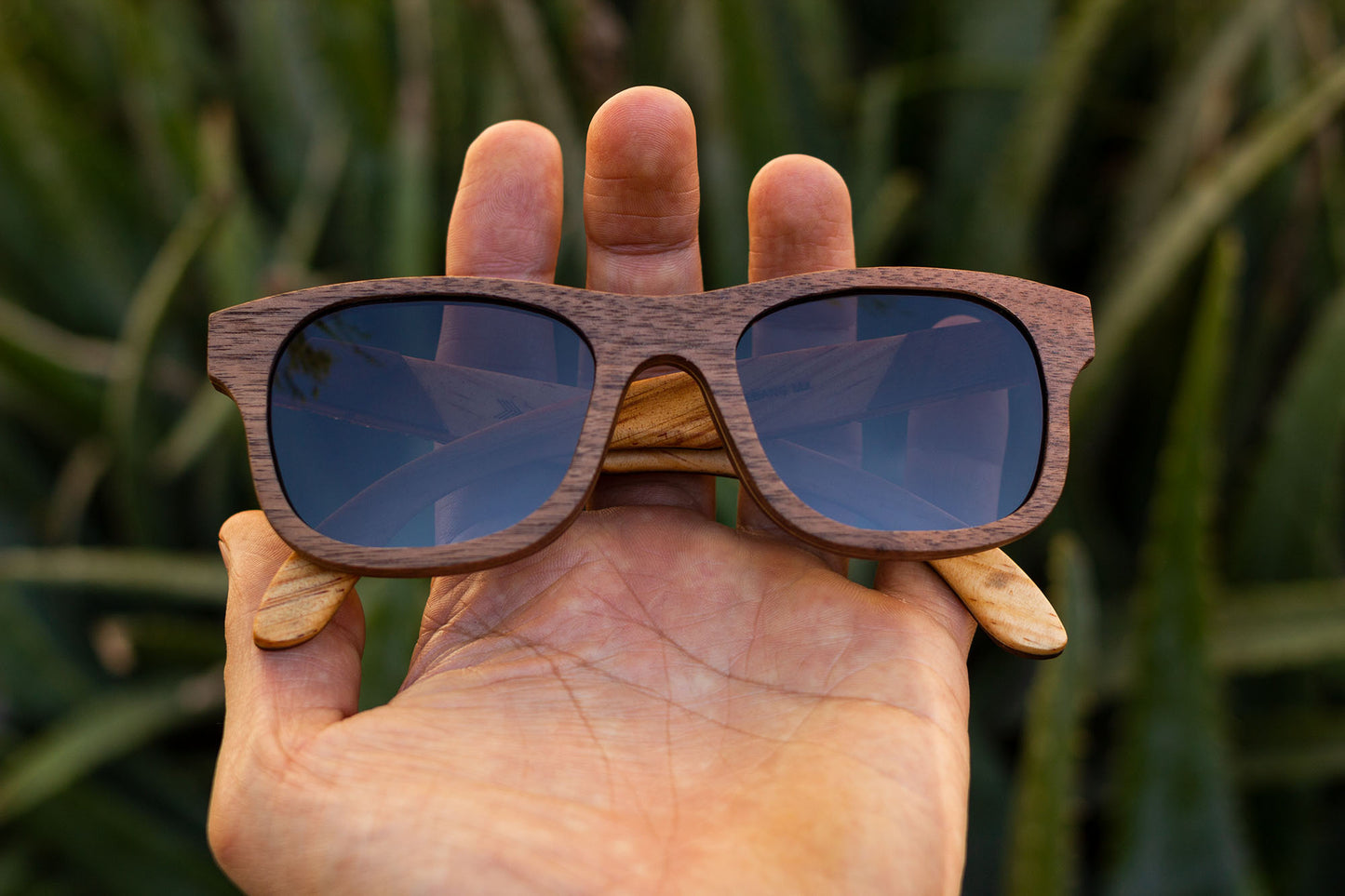 Mano sosteniendo unos lentes wirra, mica oscura, modelo hikuri sol, fondo de naturaleza con bokeh