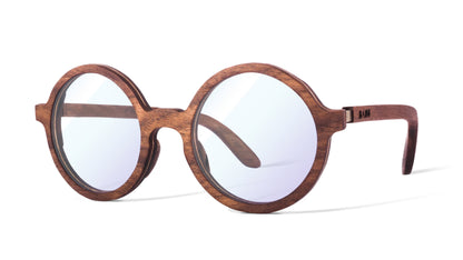 Armazón redondo de madera Kiin-LuzAzul, lentes graduados, fondo blanco
