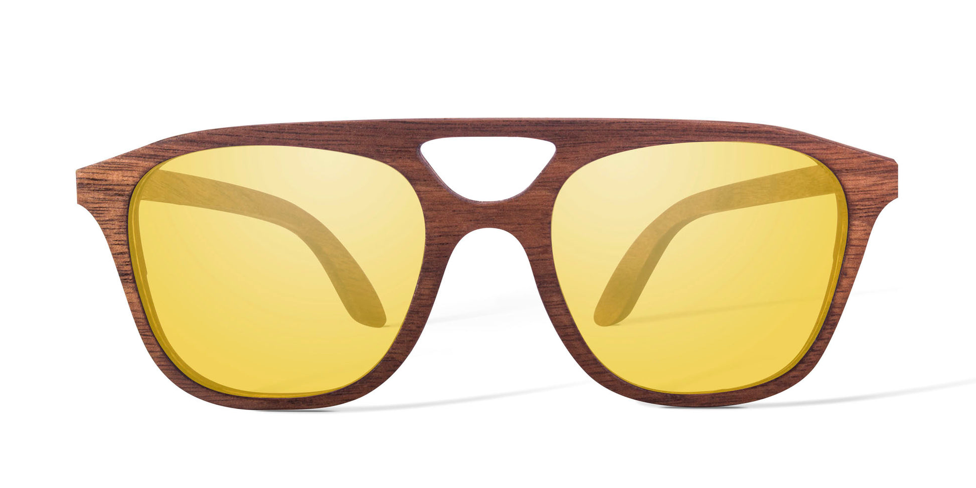 Lentes de madera Bang, modelo cobá mica amarilla polarizada, vista de frente