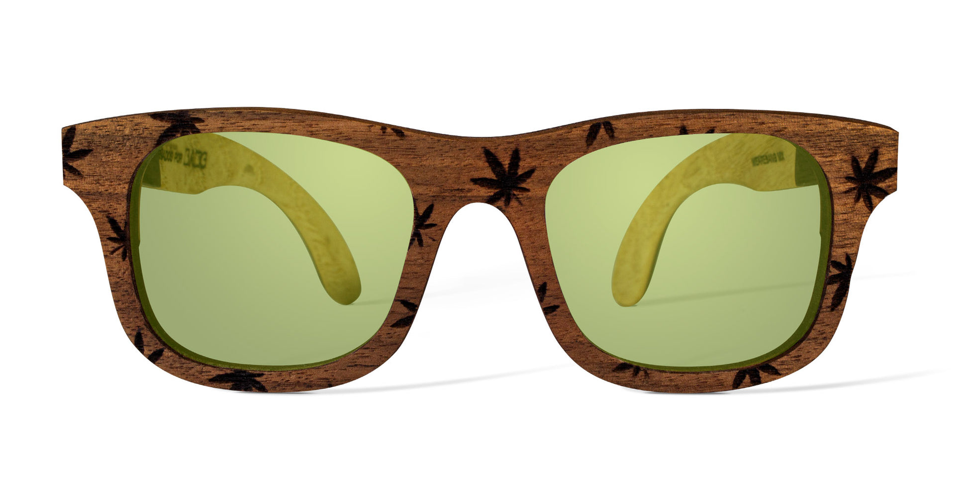 Detalle de frente de lentes paradise de bang, edición especial, detalle de cannabis grabado, micas verdes polarizadas, fondo blanco