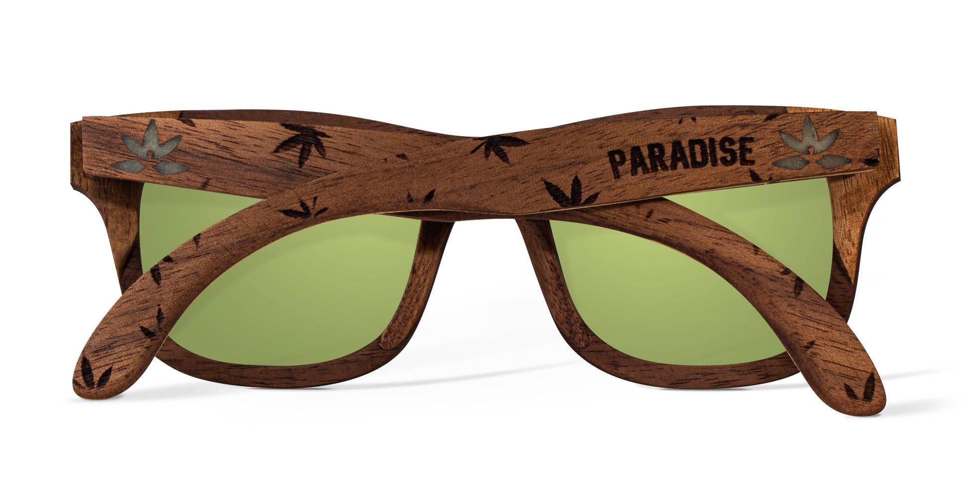 Lentes Paradise de Bang, edición especial, vista trasera, detalle de grabado de cannabis, fondo blanco, mica verde polarizada 