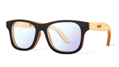Lentes para computadora Bang, vista lateral, micas graduadas, protección luz azul, fondo blanco