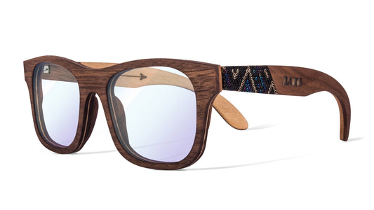 Lentes de madera para computadora, fabricados con madera, marca bang, modelo nébula, armazón y lentes graduados, fondo blanco