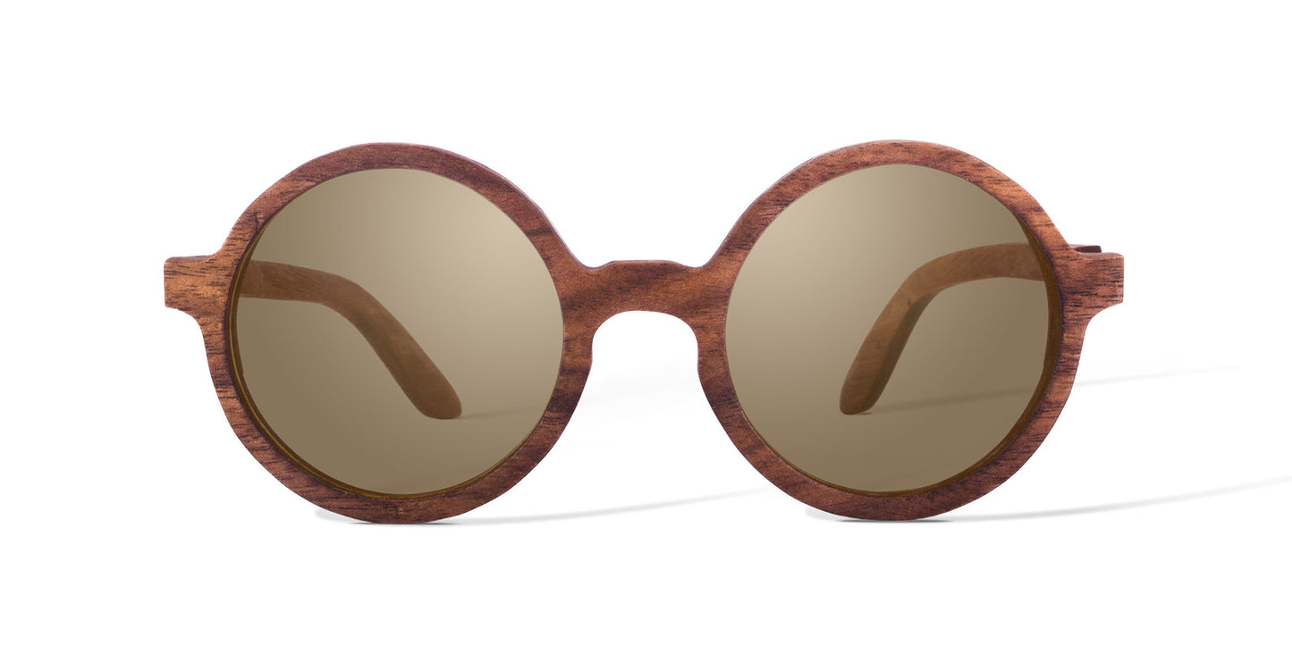 Lentes redondos de madera, modelo kiin, marca bang, micas cafés polarizadas, diseño a la moda