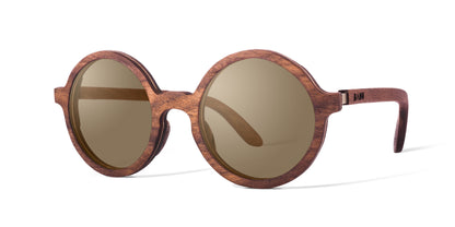Lentes de madera redondos, lentes Bang, modelo kiin, micas cafés, fondo blanco