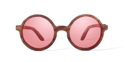 Lentes de madera pink, marca bang, micas rosas polarizadas, vista frontal, fondo blanco