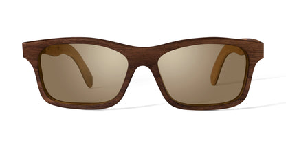 Lentes huicholes de madera Bang, modelo ónix fuego, micas polarizadas cafés, fondo blanco
